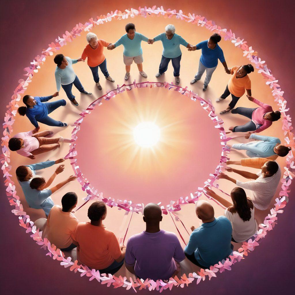 A heartfelt scene depicting a diverse group of individuals, united in a circle, sharing stories of resilience and hope, surrounded by various symbols of cancer awareness like ribbons and supportive messages. The background should be warm and inviting, with soft, natural light illuminating their expressions of strength and compassion. Incorporate elements of nature to symbolize growth and healing. super-realistic. vibrant colors. soft-focus background.