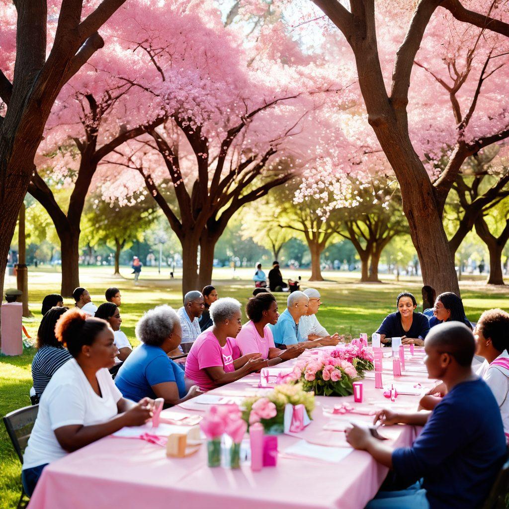 A warm and inviting community gathering scene in a bright park setting, featuring diverse groups of people engaged in supportive conversations, with symbolic representations of cancer awareness such as pink ribbons and wellness resources laid out on a table. Soft sunlight filters through the trees, and a feeling of hope and encouragement fills the atmosphere. super-realistic. vibrant colors. soft focus.